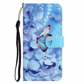 Custodia in pelle iPhone 14 Plus Farfalle Di Diamanti Strappy