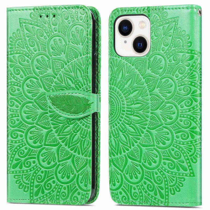 Custodia in pelle iPhone 14 Plus Foglie Tribali