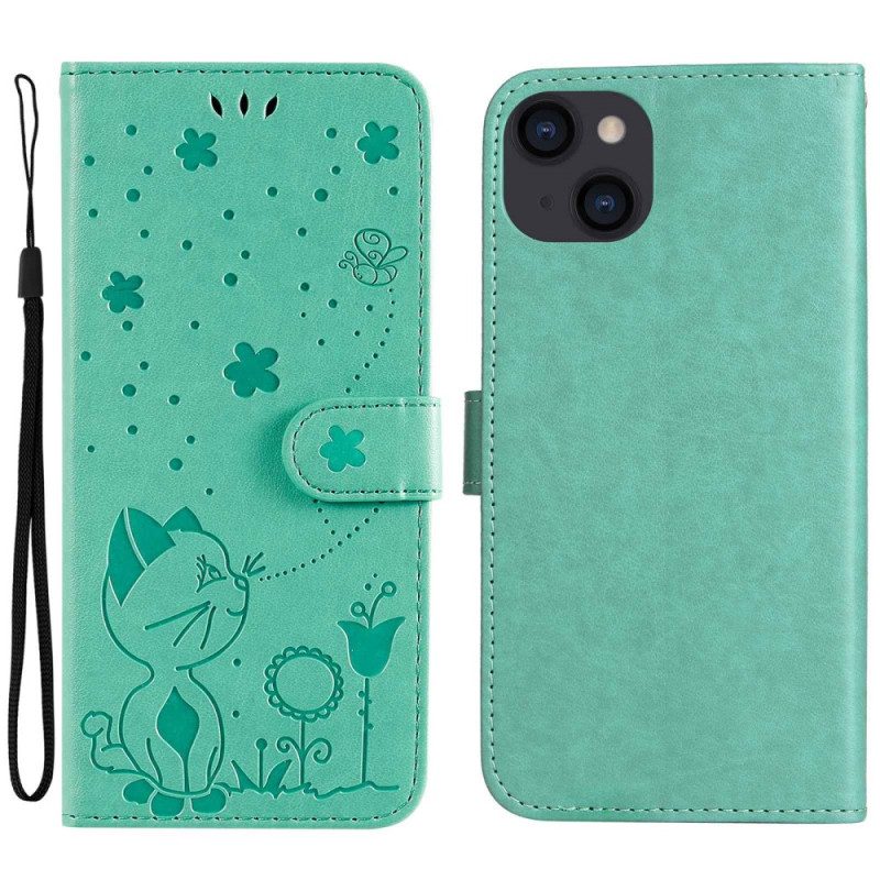 Custodia in pelle iPhone 14 Plus Gatto E Ape Con Cordino