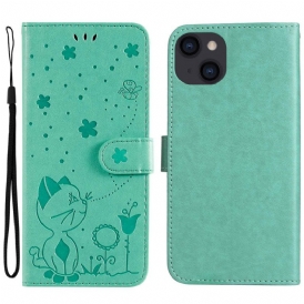 Custodia in pelle iPhone 14 Plus Gatto E Ape Con Cordino