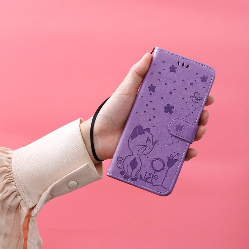 Custodia in pelle iPhone 14 Plus Gatto E Ape Con Cordino