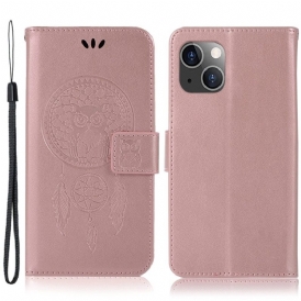 Custodia in pelle iPhone 14 Plus Gufo Acchiappasogni Con Cinturino
