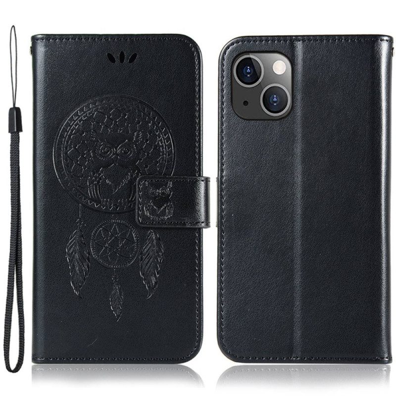 Custodia in pelle iPhone 14 Plus Gufo Acchiappasogni Con Cinturino