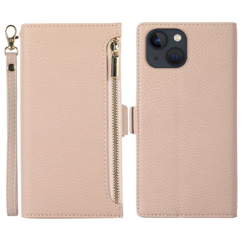 Custodia in pelle iPhone 14 Plus Litchi In Pelle Con Cinturino E Cerniera