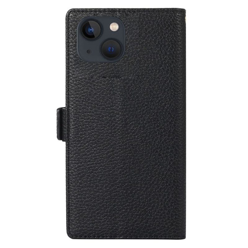 Custodia in pelle iPhone 14 Plus Litchi In Pelle Con Cinturino E Cerniera