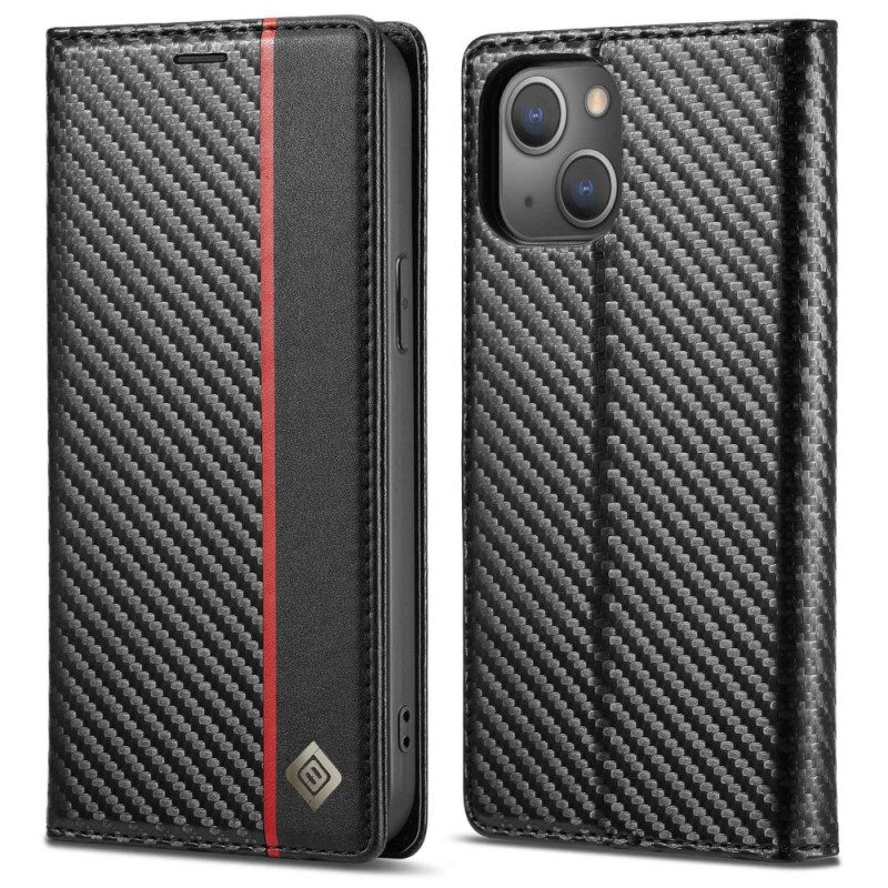 Folio Cover iPhone 14 Plus Custodia in pelle Fibra Di Carbonio