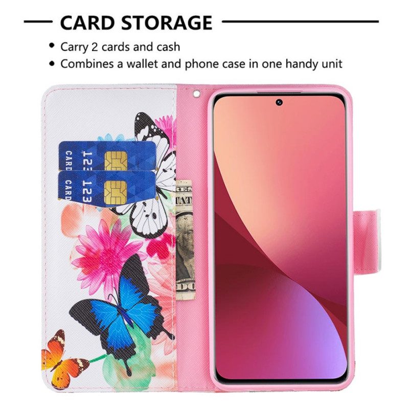 Custodia in pelle Xiaomi 12 / 12X Farfalle E Fiori Dipinti