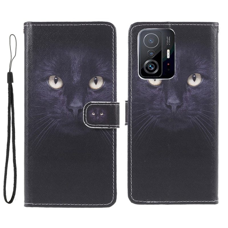 Custodia in pelle Xiaomi 11T / 11T Pro Strappy Occhi Di Gatto Nero