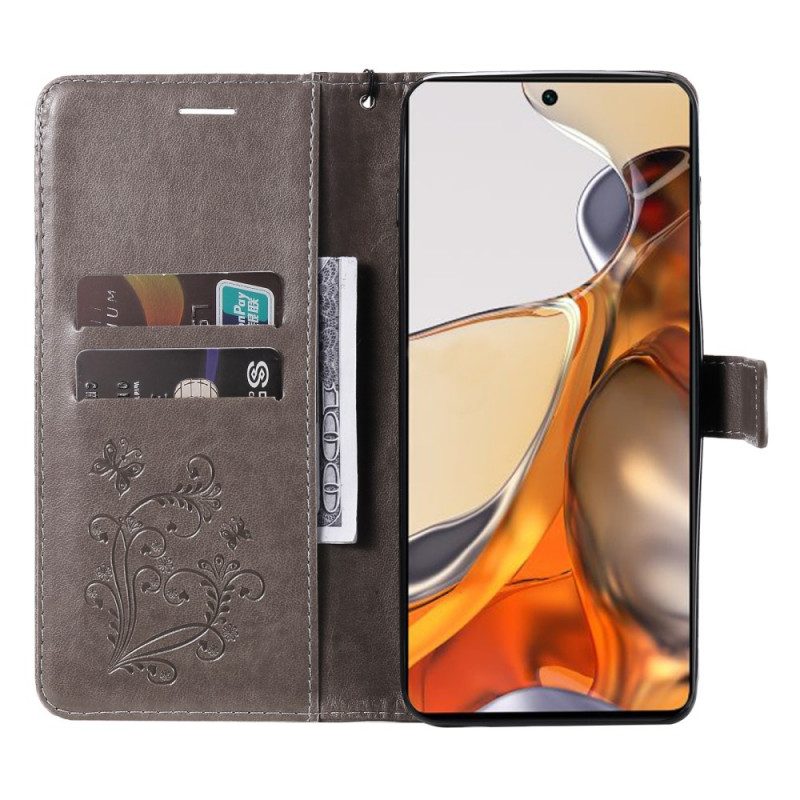Folio Cover Xiaomi 11T / 11T Pro Farfalle Con Cinturino Gigante