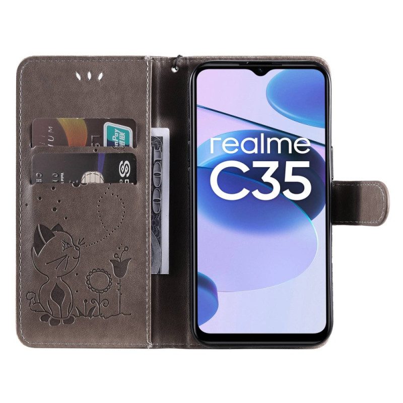 Folio Cover Realme C35 Gatto Fiori Ape Strappy
