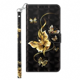 Custodia A Portafoglio iPhone 14 Pro Farfalle Dorate Con Cinturino