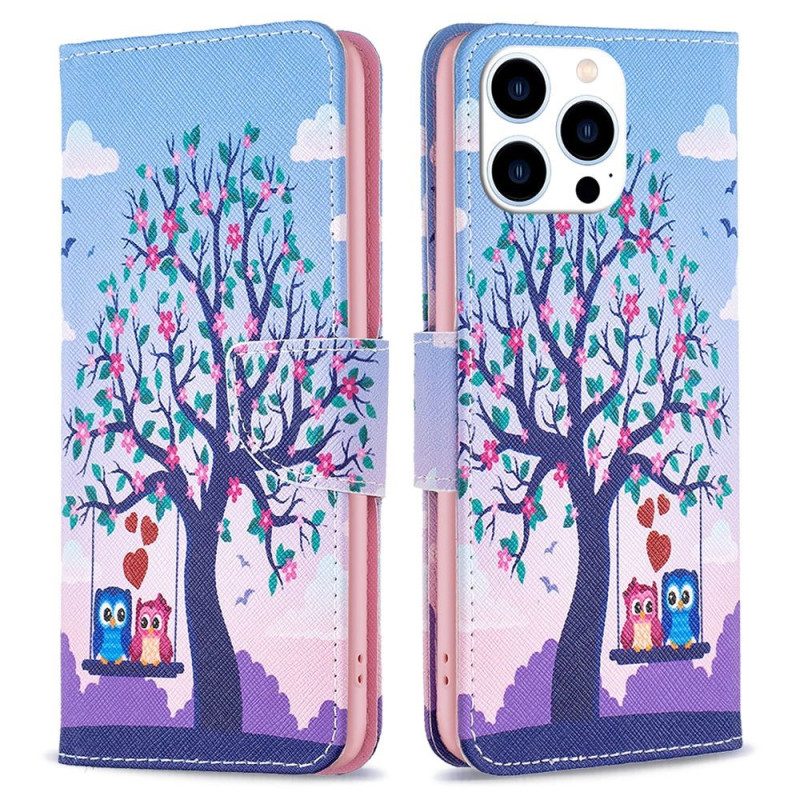Custodia A Portafoglio iPhone 14 Pro Gufi Sull'altalena