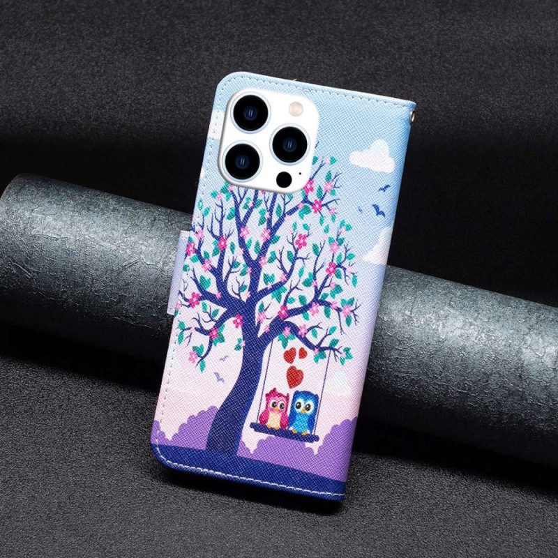 Custodia A Portafoglio iPhone 14 Pro Gufi Sull'altalena