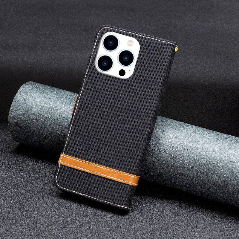 Custodia in pelle iPhone 14 Pro Cinturino Effetto Tessuto E Pelle