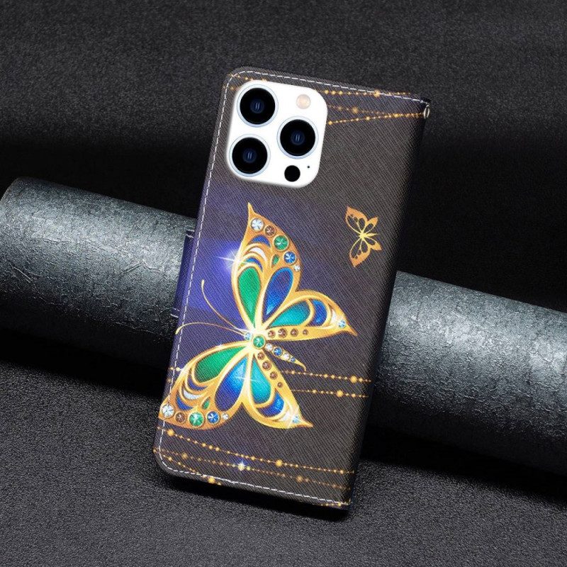 Custodia in pelle iPhone 14 Pro Farfalla D'oro