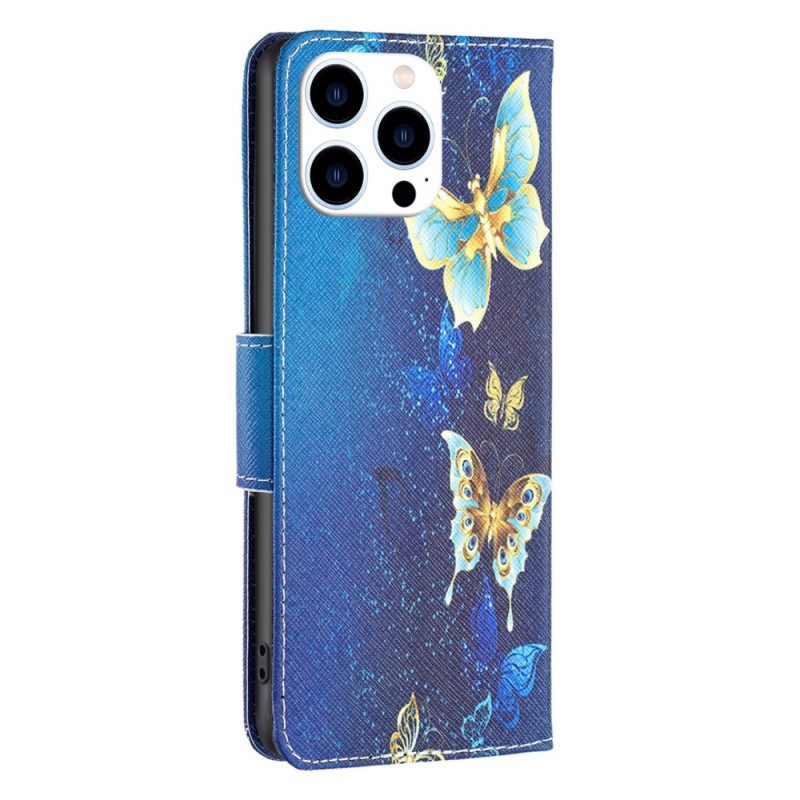 Custodia in pelle iPhone 14 Pro Farfalle In Volo