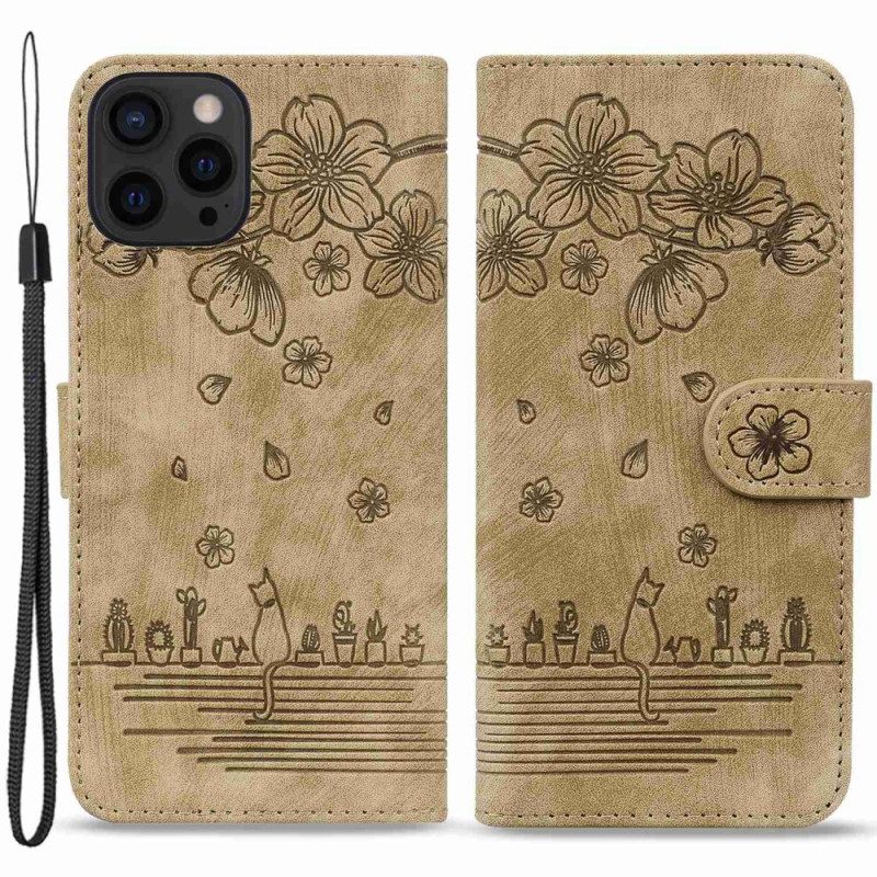 Custodia in pelle iPhone 14 Pro Stampa Di Gatto Strappy
