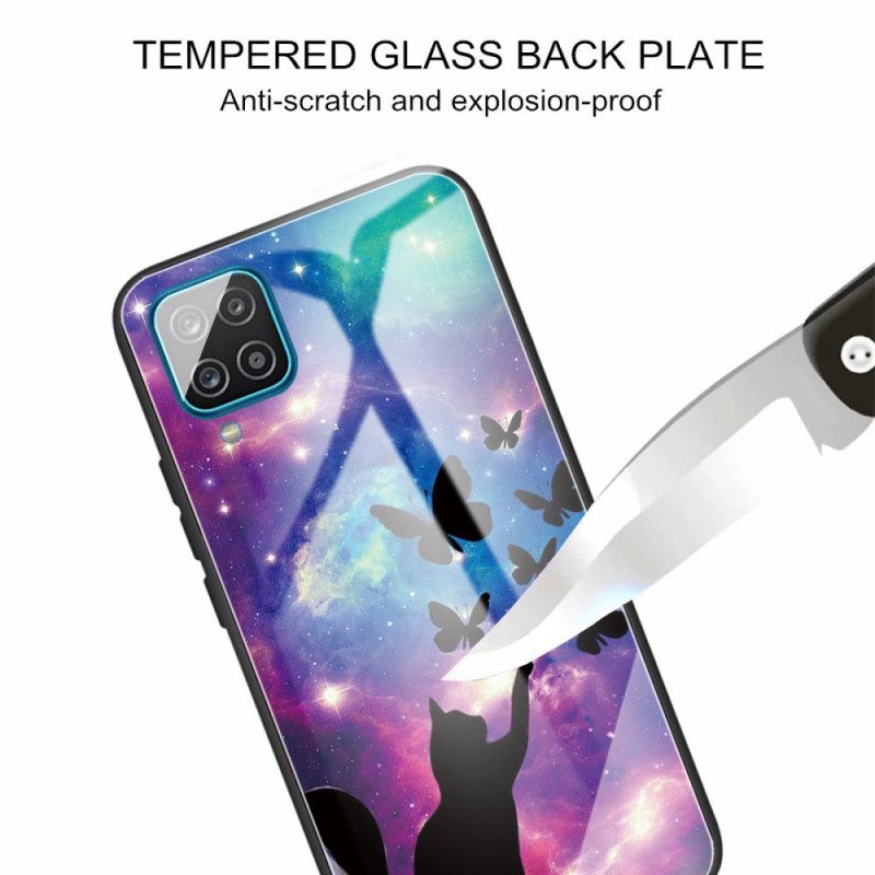 Cover Samsung Galaxy M32 Gatto In Vetro Temperato E Farfalle Nello Spazio