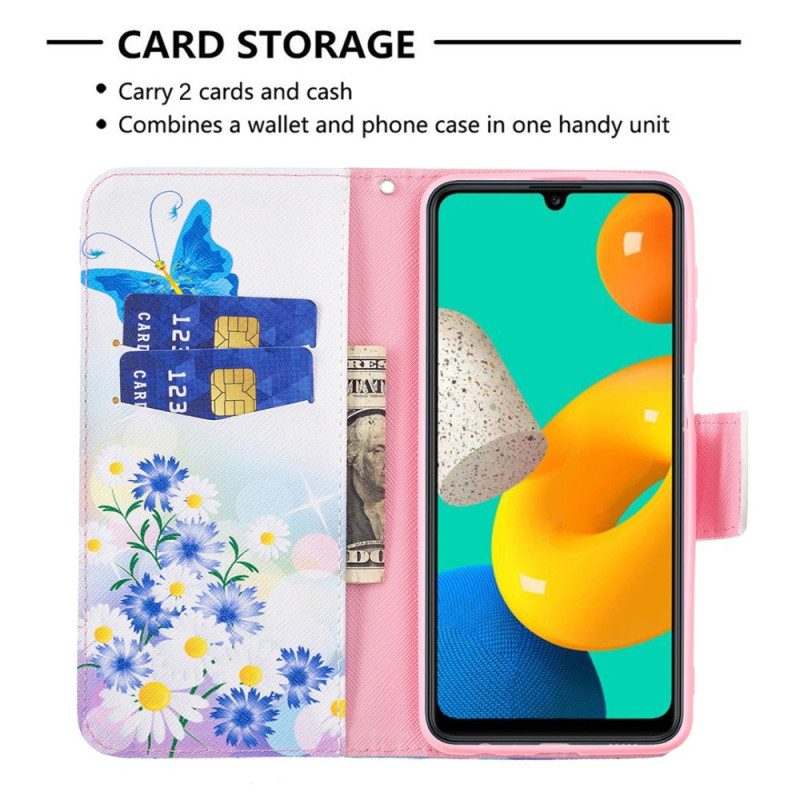 Custodia A Portafoglio Samsung Galaxy M32 Farfalle E Fiori Dipinti