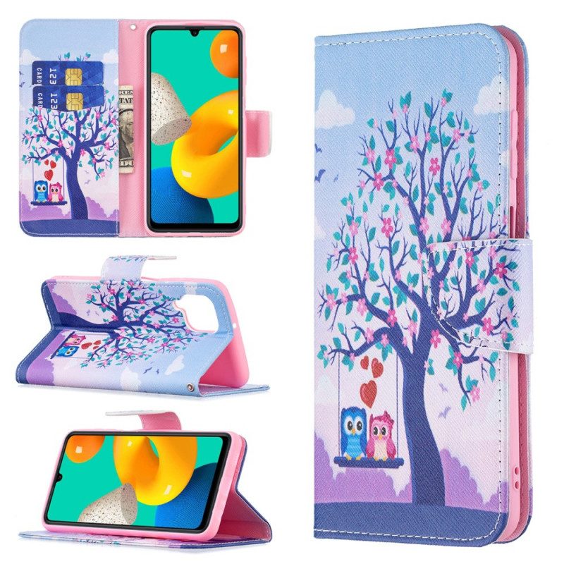 Custodia in pelle Samsung Galaxy M32 Gufi Sull'altalena