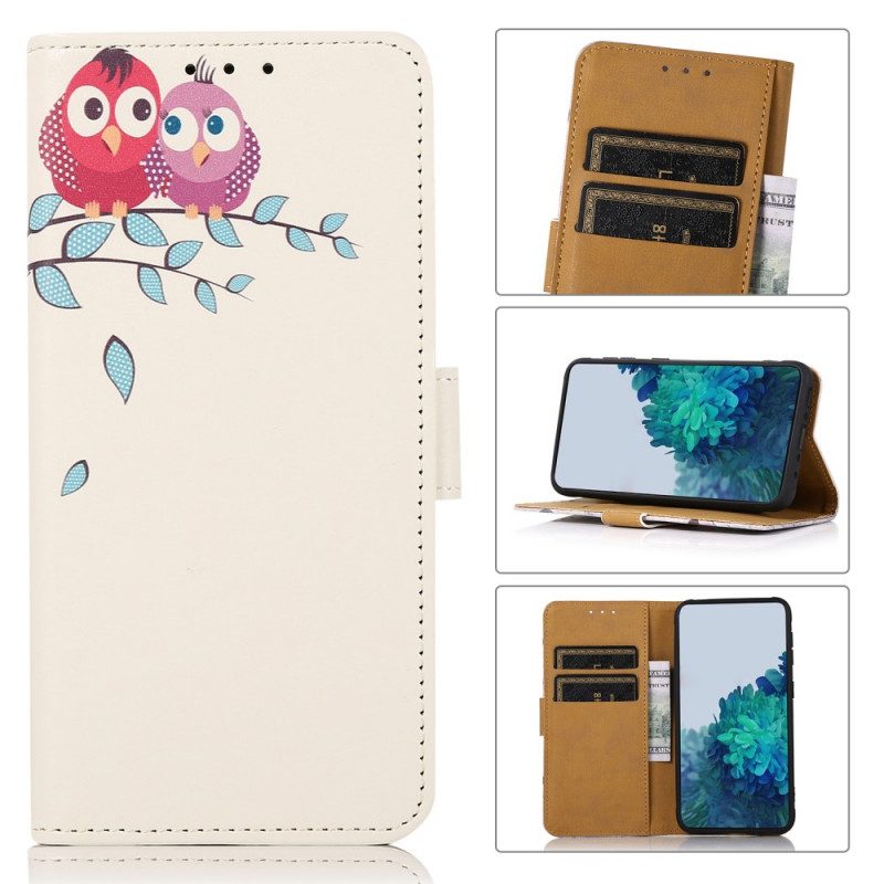 Custodia in pelle Samsung Galaxy M32 Paio Di Gufi Sull'albero