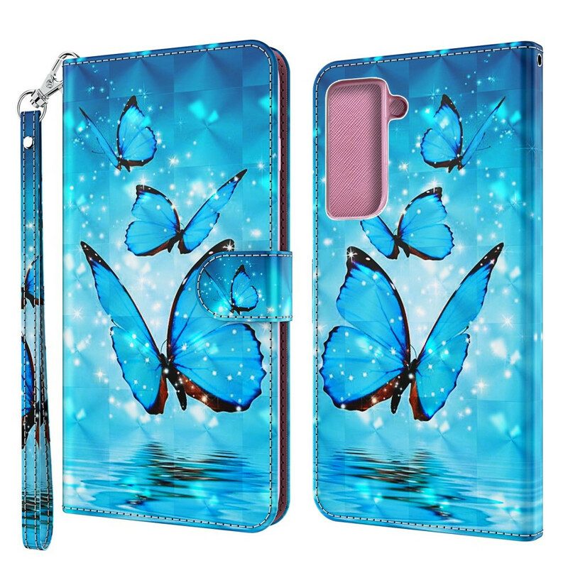 Custodia in pelle Samsung Galaxy S21 Plus 5G Farfalle Blu Volanti