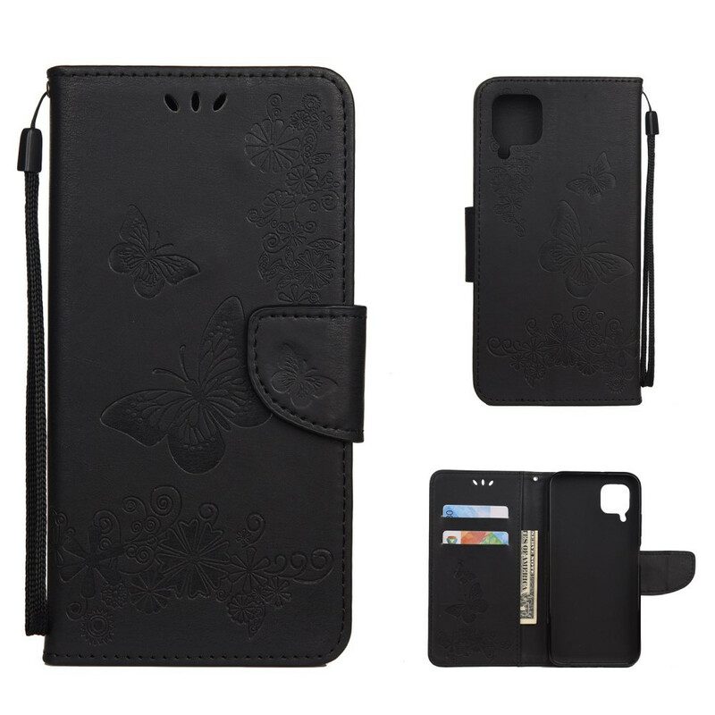 Custodia in pelle Huawei P40 Lite Solo Farfalle Con Cordino