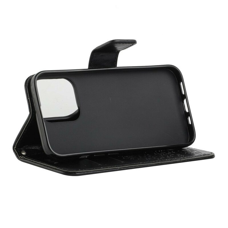 Custodia in pelle iPhone 13 Pro Cinturino Farfalle E Fiori