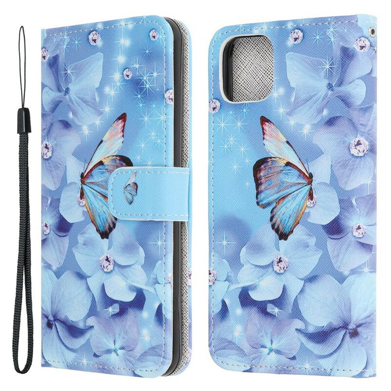 Custodia in pelle iPhone 13 Pro Farfalle Di Diamanti Strappy