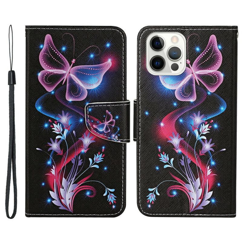 Custodia in pelle iPhone 13 Pro Farfalle E Cordino