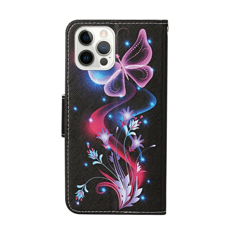 Custodia in pelle iPhone 13 Pro Farfalle E Cordino