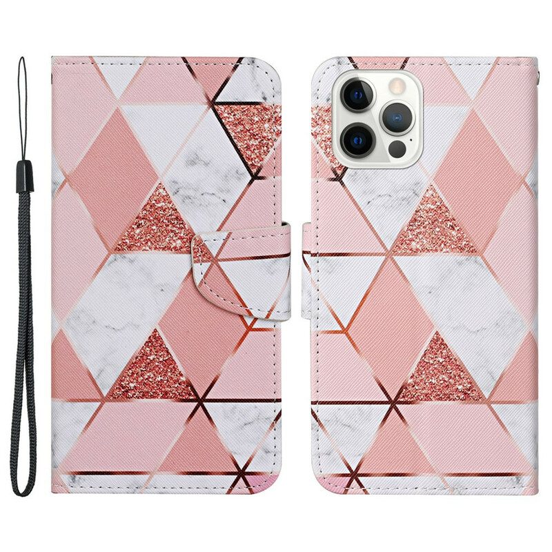 Custodia in pelle iPhone 13 Pro Marmo E Paillettes Con Cinturino