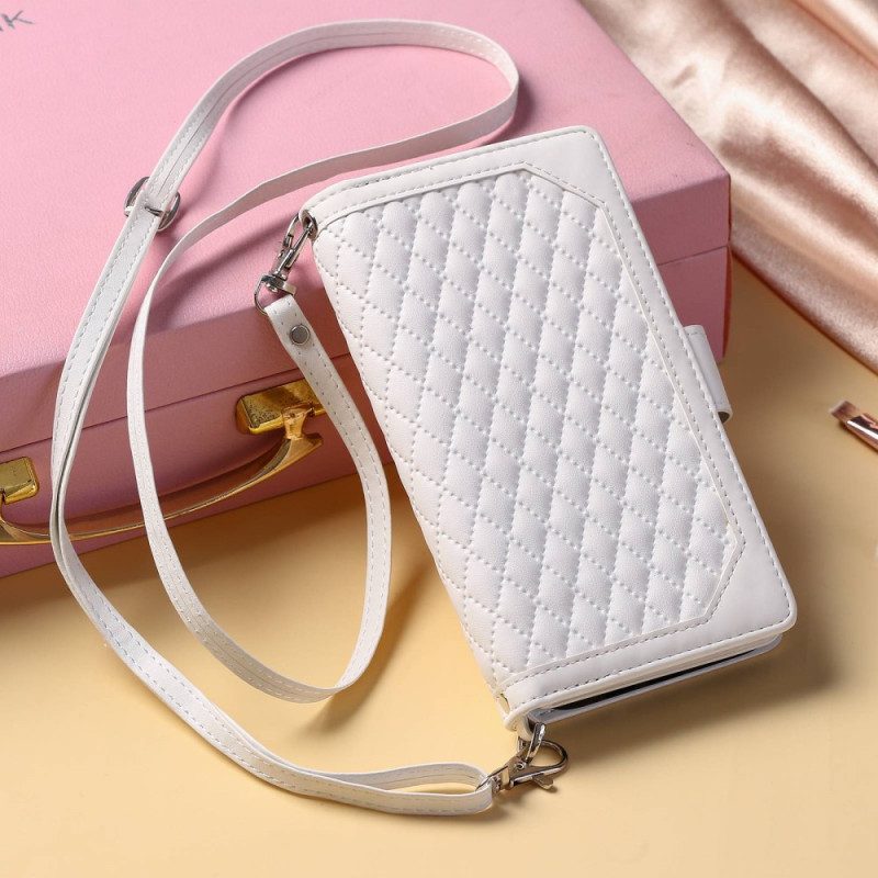 Custodia in pelle iPhone 13 Pro Stile Trapuntato Con Tracolla