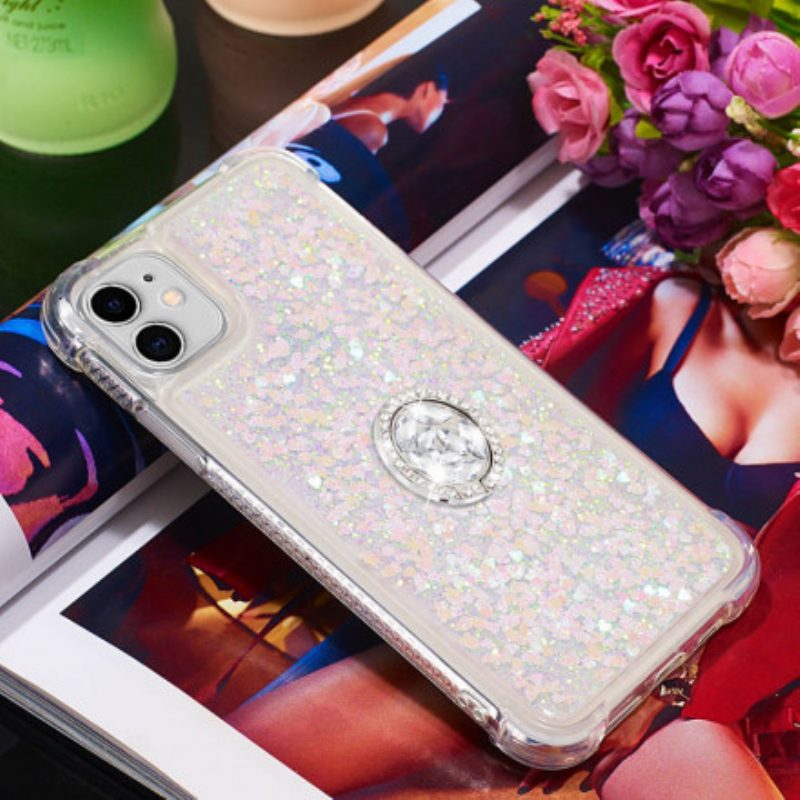 Cover iPhone 11 Paillettes Con Diamanti Sostegno Anello