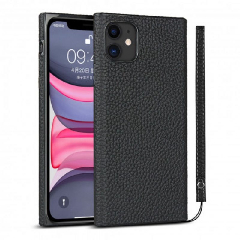 Cover iPhone 11 Vera Pelle Di Litchi Con Cinturino