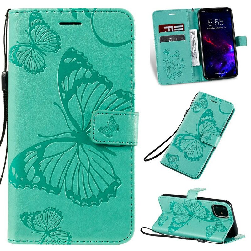 Custodia in pelle iPhone 11 Farfalle Con Cinturino Gigante