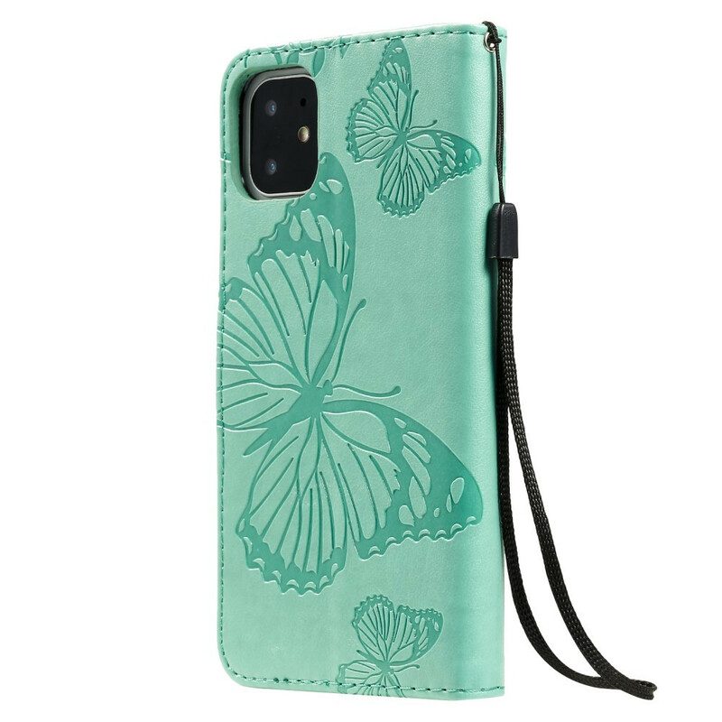Custodia in pelle iPhone 11 Farfalle Con Cinturino Gigante