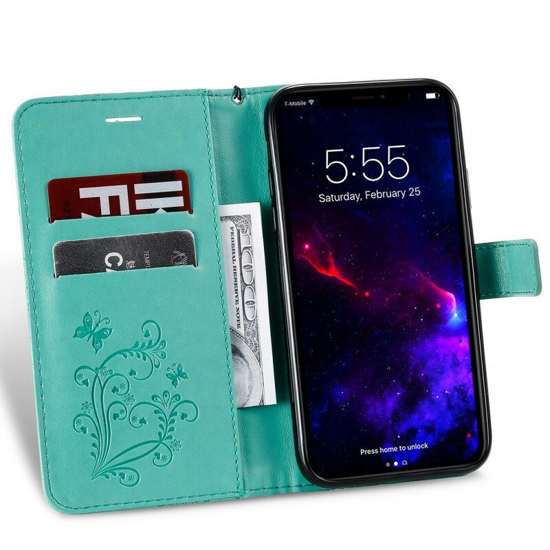 Custodia in pelle iPhone 11 Farfalle Con Cinturino Gigante