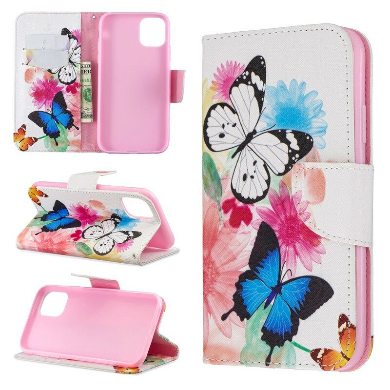 Custodia in pelle iPhone 11 Farfalle E Fiori Dipinti