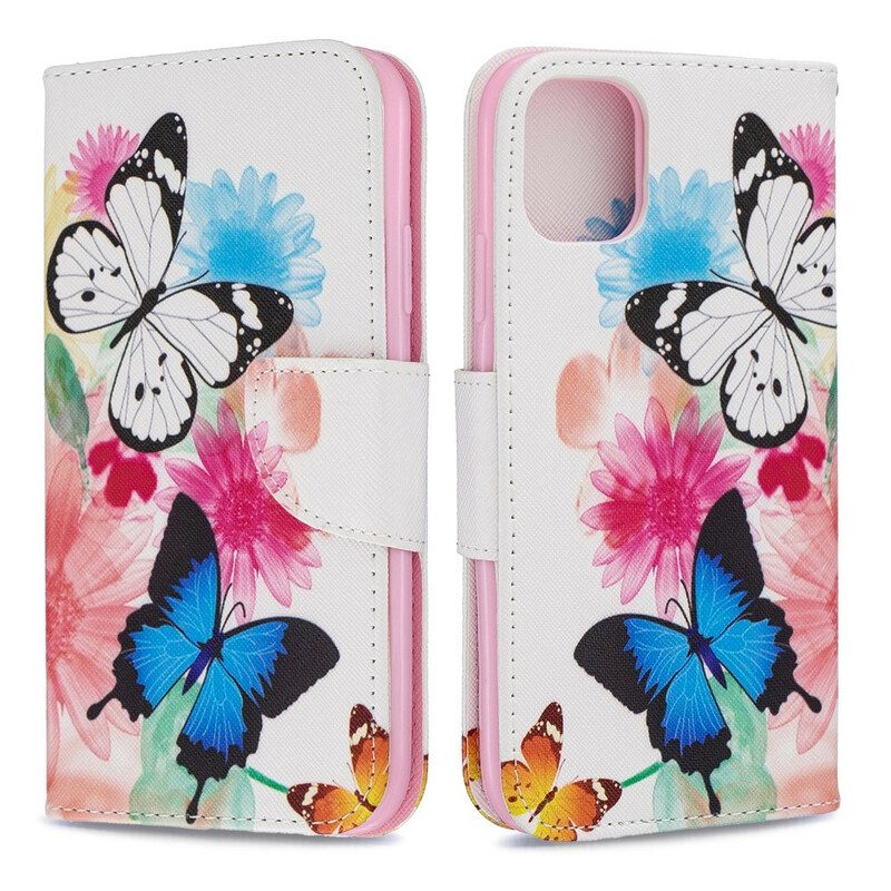 Custodia in pelle iPhone 11 Farfalle E Fiori Dipinti