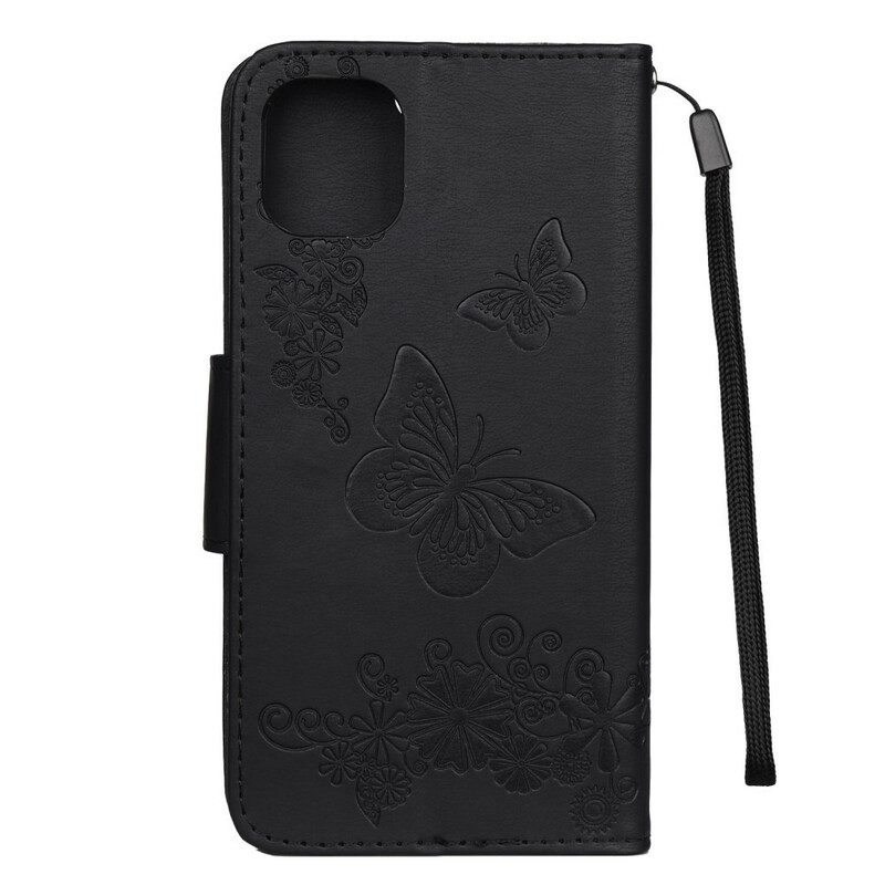 Custodia in pelle iPhone 11 Splendide Farfalle Cinturino