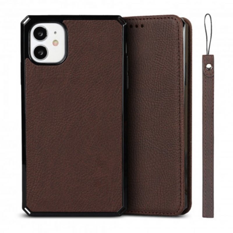 Folio Cover iPhone 11 Custodia in pelle Cinturino In Vera Pelle Di Litchi
