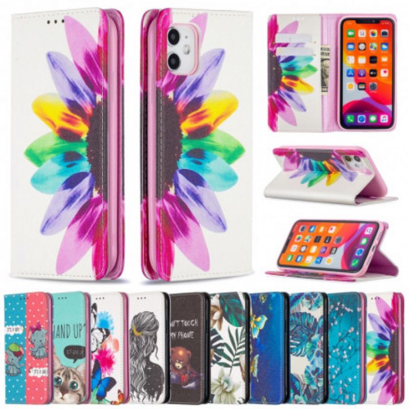 Folio Cover iPhone 11 Custodia in pelle Fiore Dell'acquerello