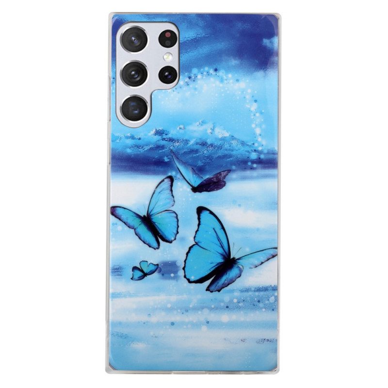 Cover Samsung Galaxy S22 Ultra 5G Farfalle Blu Fluorescenti