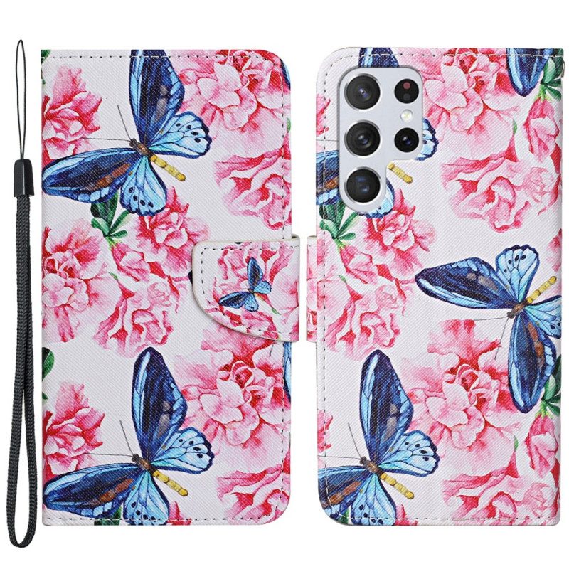 Custodia in pelle Samsung Galaxy S22 Ultra 5G Cordino Floreale Con Farfalle