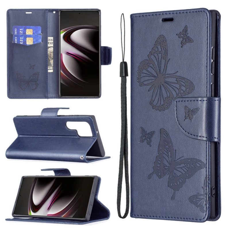 Custodia in pelle Samsung Galaxy S22 Ultra 5G Farfalle In Volo Con Cordino