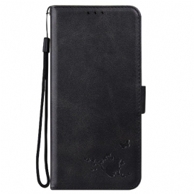 Custodia in pelle Samsung Galaxy S22 Ultra 5G Gatto E Farfalle