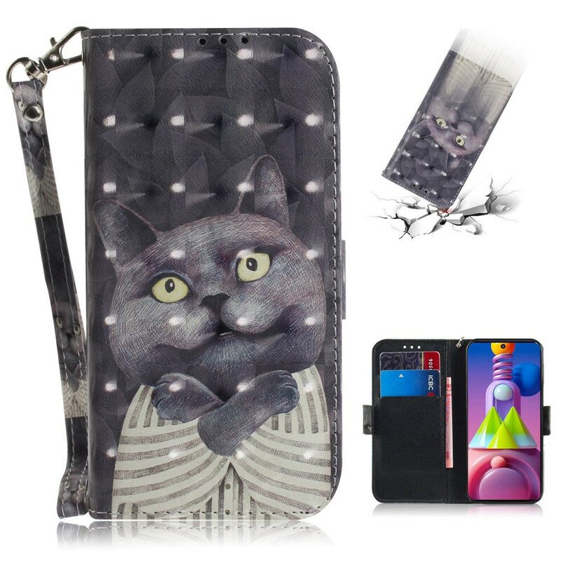 Custodia A Portafoglio Samsung Galaxy M51 Gatto Grigio Con Cinturino