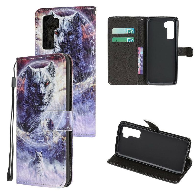 Custodia A Portafoglio Huawei P40 Lite 5G Lupo In Inverno Con Cordino