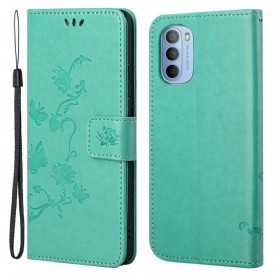 Custodia in pelle Moto G41 / G31 Cinturino Farfalle E Fiori
